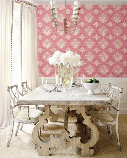 pink wallpaper room. Pale Wood + Pink Wallpaper.