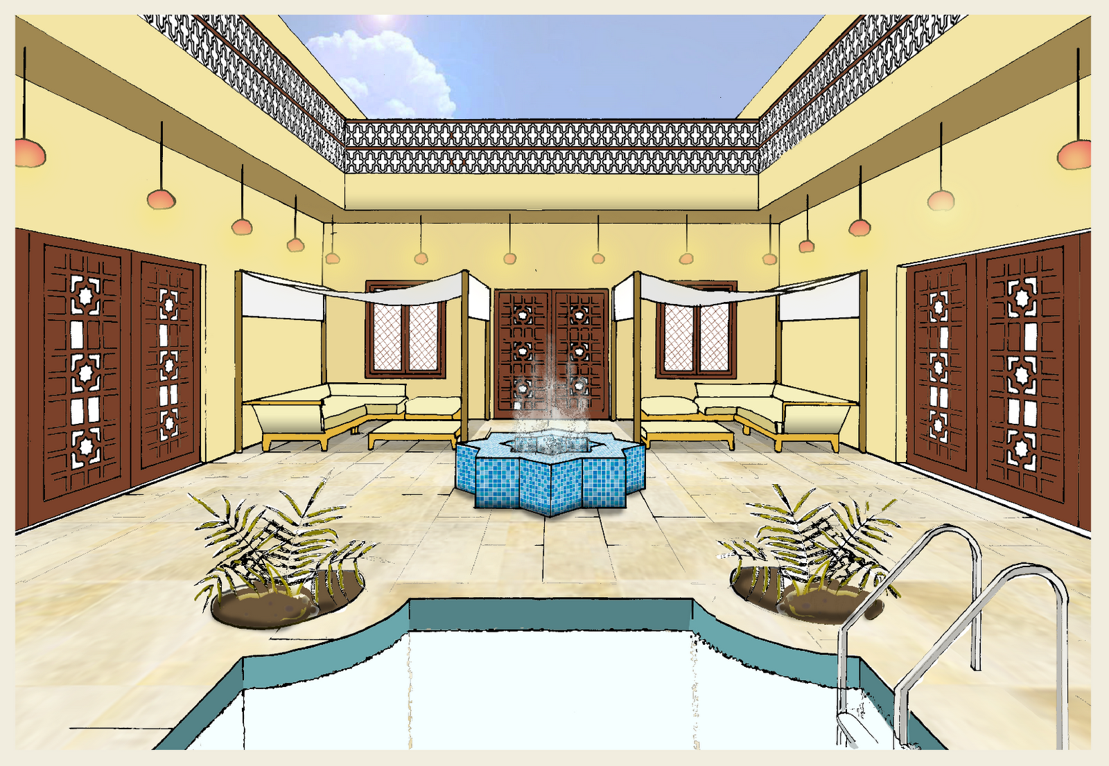 Rendered Courtyard View from Pool title=