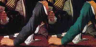 Caravaggio - The Cardsharps, detail of 2 versions (1595) and (ca 1594)
