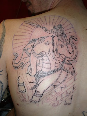 A great looking three headed elephant tattoo, this is a back piece which i 