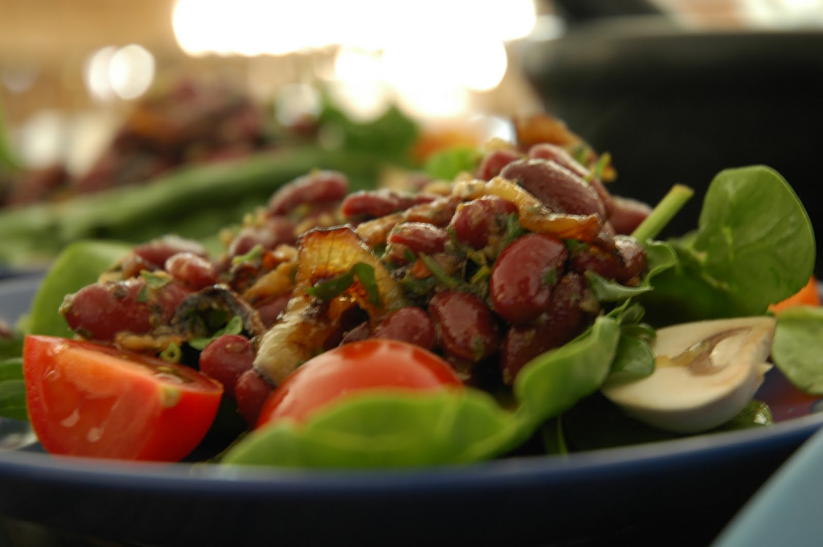 Khavanu Kidney Bean Spinach Salad with Caramelized Onions and Mushroom Soup