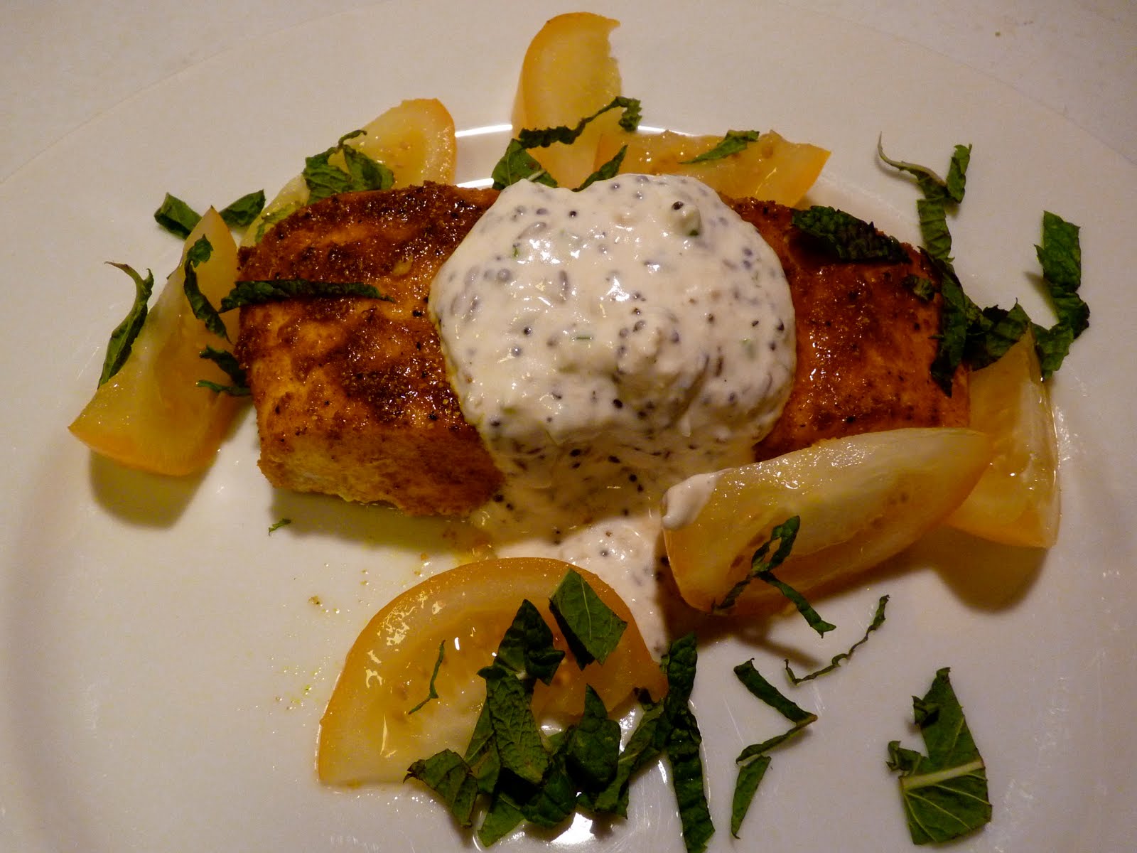 Rocket Lunch Grilled Halibut with Indian Spices and Yellow Tomatoes