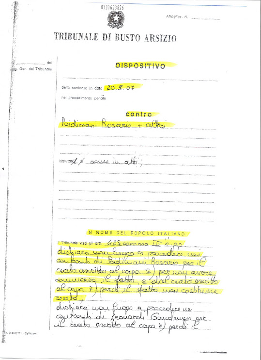 DISPOSITIVO DELLA SENTENZA DEL GUP DI BUSTO ARSIZIO DEL 20.09.2007