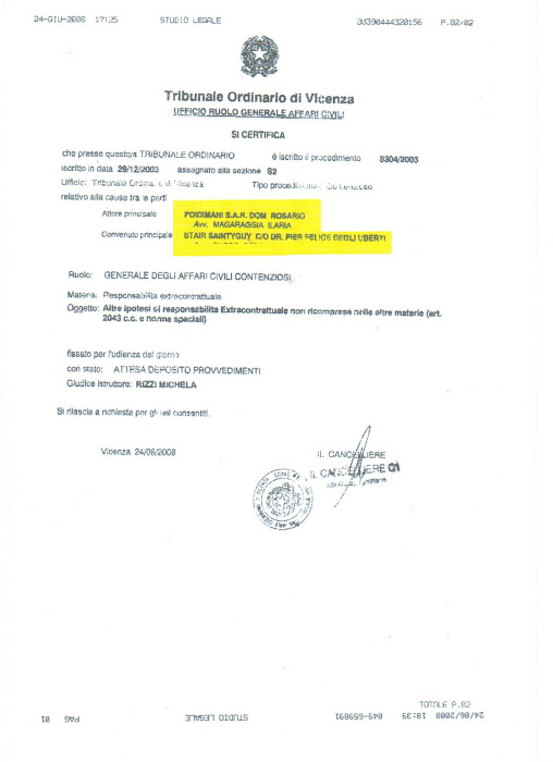 CERTIFICATO DEL TRIBUNALE DI VICENZA.
