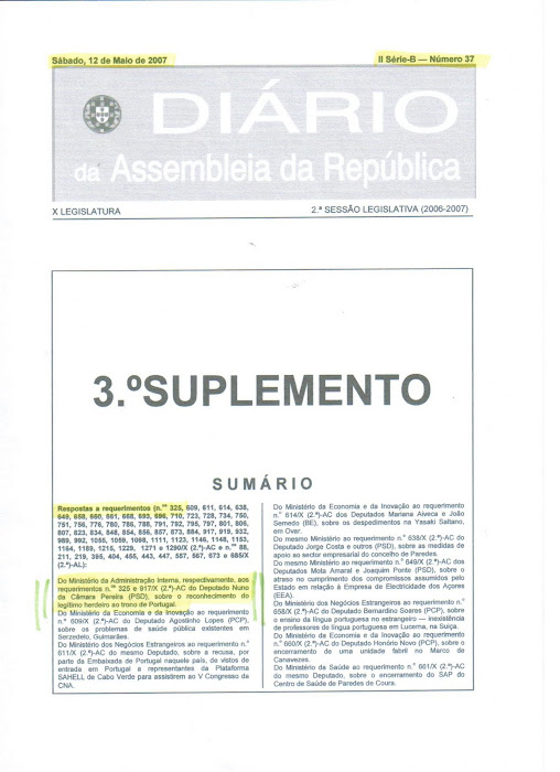 GAZZETTA UFFICIALE DELLA REPUBBLICA DI PORTOGALLO "DIARIO DA REPUBLICA" DEL 12 MAGGIO 2007. PAG. 1