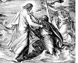 Jesus Christ saving and taking peter into hands from the sea water coloring page for children free religious Christian black and white picture download