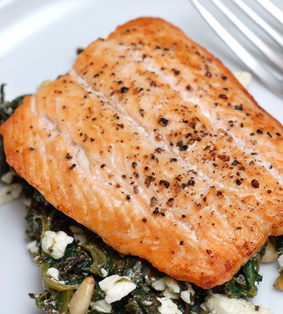 Sugar & Spice by Celeste Broiled Salmon with Spinach & Feta Saute