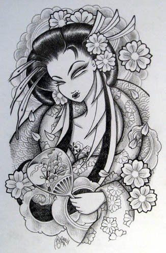 Sakura Geisha tattoo design in monochrome
