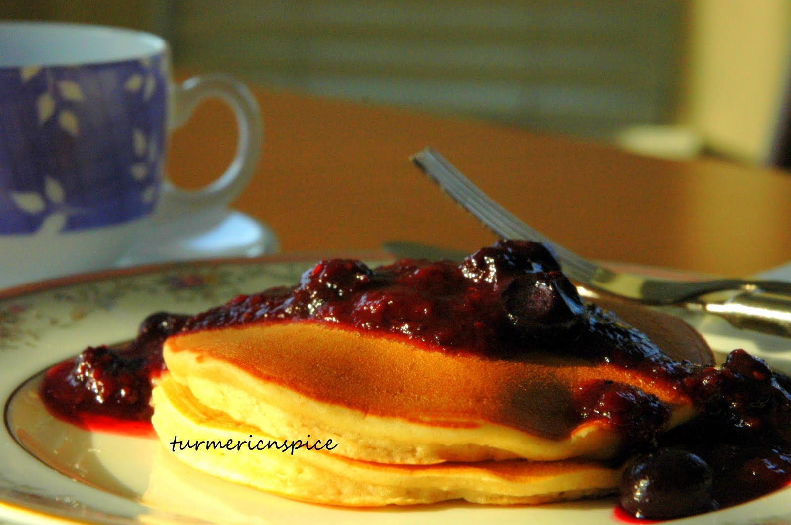 Turmeric n spice Pancakes with blueberry sauce