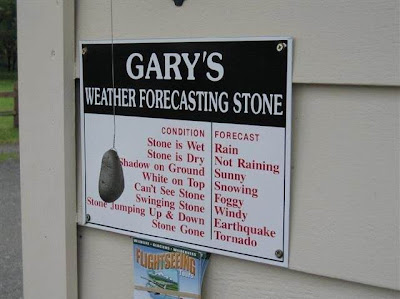 photo of a rock hung by a string in front of a weather forecasting sign..if rock is wet...raining