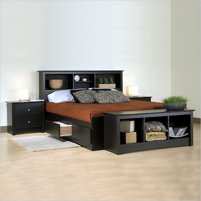 Wood  Designs on Modular Black Modern Wood Platform Bed Set With Built In Shelves