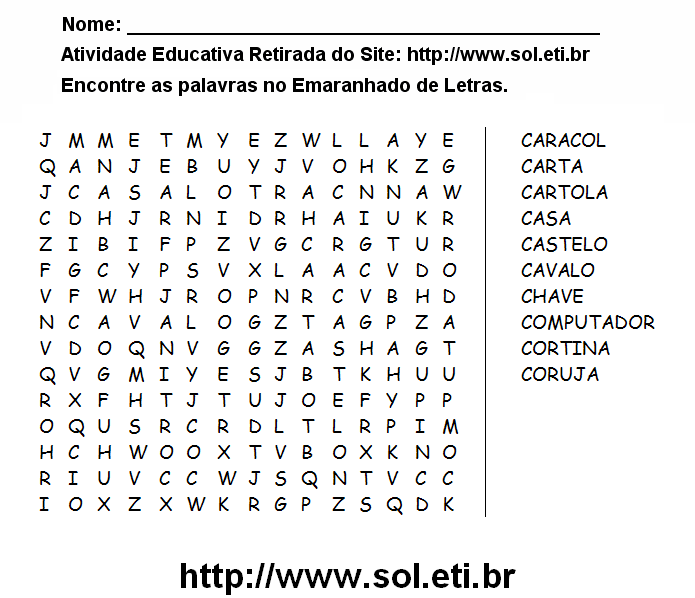 Caça Palavras Para Imprimir Com a Letra J Passatempo Grátis. Passatemo Nº  74.