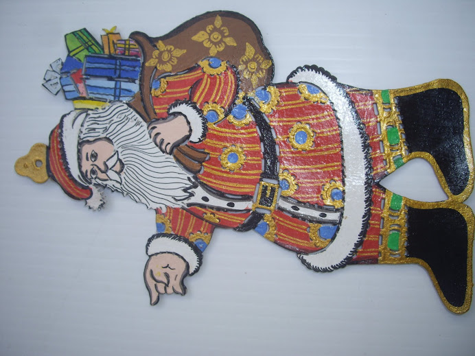 SANTA CLAUS CARRYING SACK OF PRESENTS--HANDMADE IN BALI, WAYANG KULIT-STYLE, HANGING TREE ORNAMENT