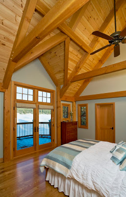 Lake View Timber Frame Master Bedroom with Cathedral Ceiling lake view timber frame bedroom