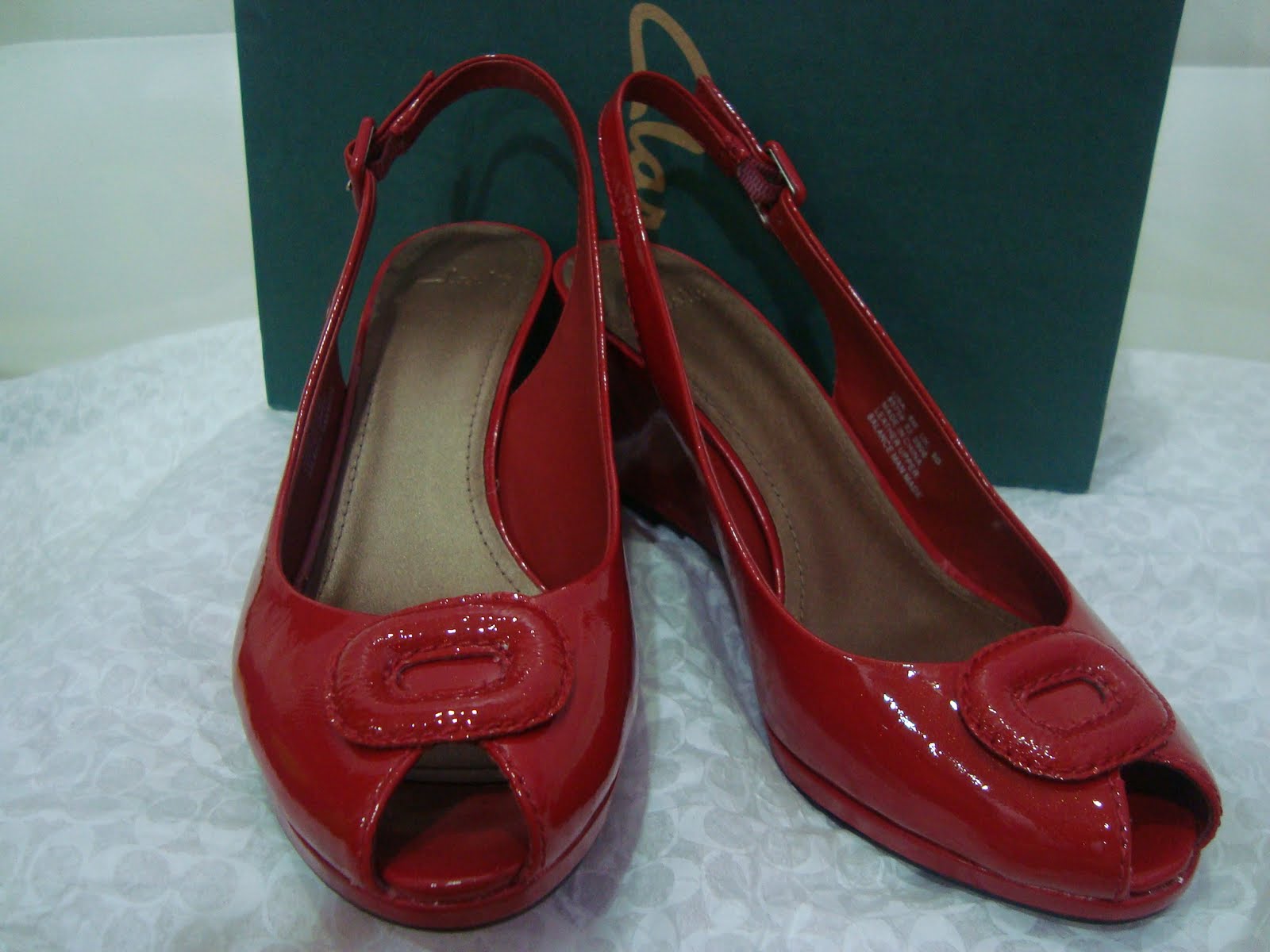 clarks red patent wedges