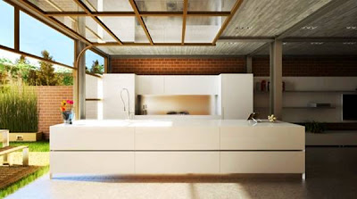 Cuarto de cocina abierto al exterior Paredes vidriadas en un ambiente de la casa
