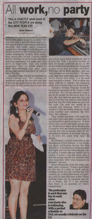31st @ Country club - Article in DNA on 30th December - All Work No Party