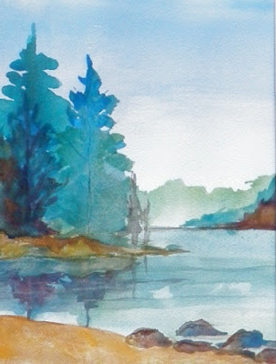 watercolor painting of pine trees near a lake