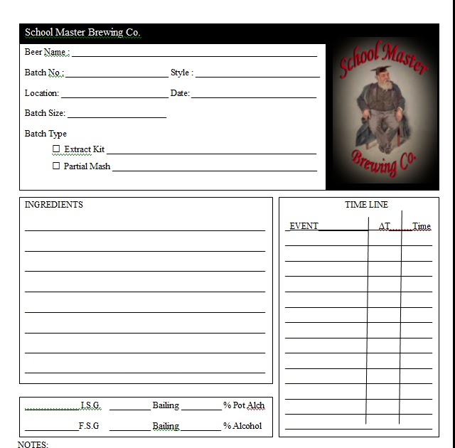 School Master Brewing Company Brewing Log Sheet