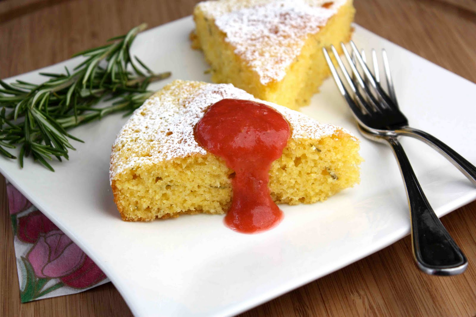 Cornmeal, Rosemary & Lemon Cake with Rhubarb & Strawberry Sauce Recipe
