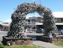 An arch made of elk horns(a boy scout troup made the arch )