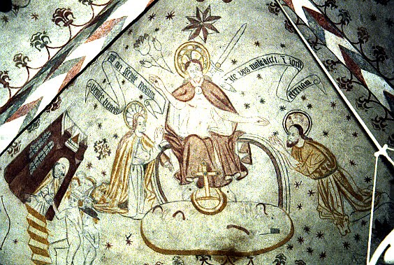 Peter greets souls, with hand clasping on Christ's right hand.