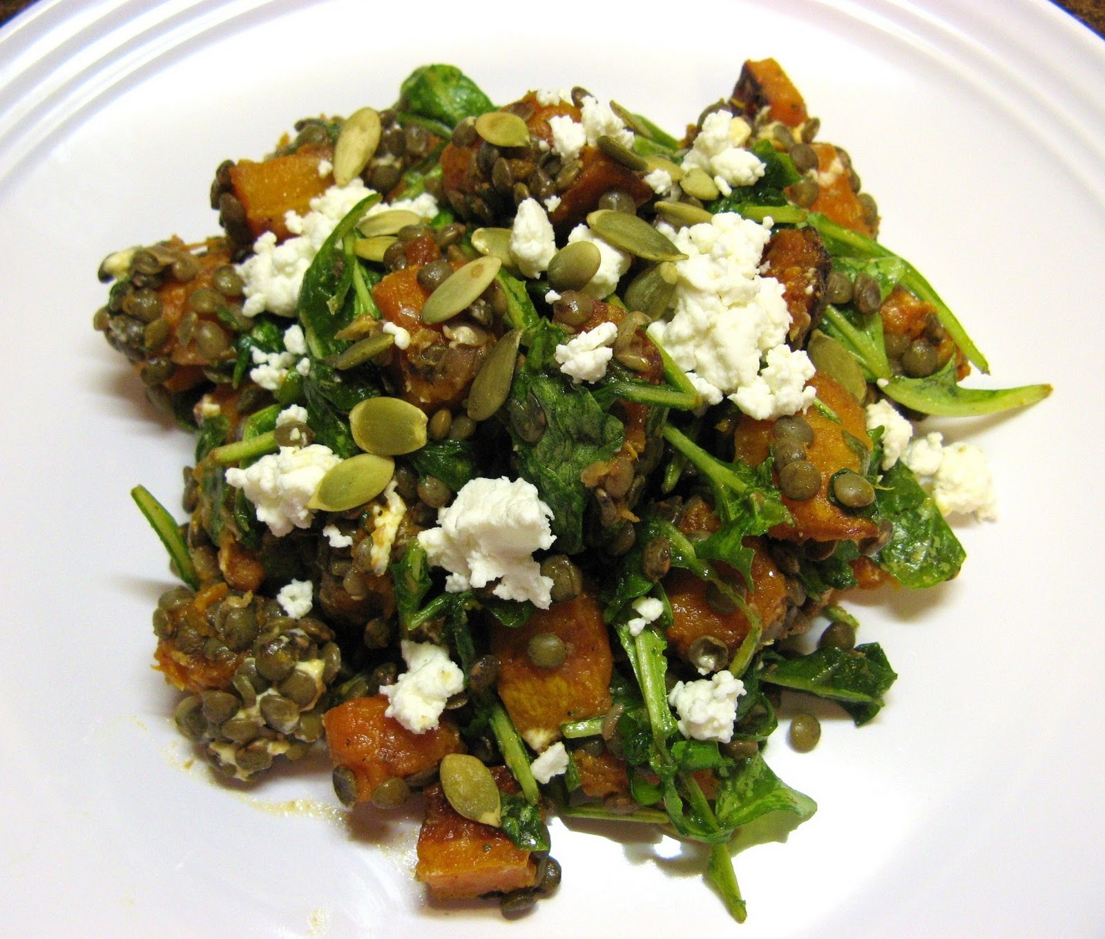 The WellFed Newlyweds Spicy Squash Salad with Lentils and Goat Cheese