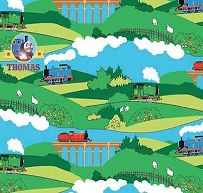 Delightful train fabric featuring James and Percy along with Sodor railway bridges and blue sky