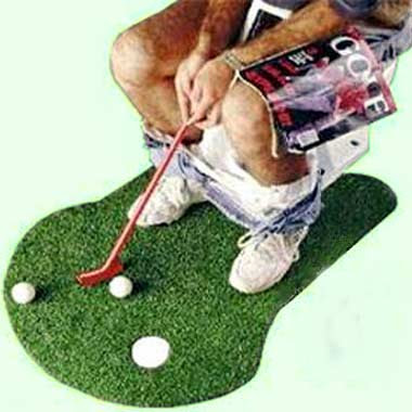 Humorous golf toilet seat and Potty putter practice putting green bathmat rug with golf warning Sign