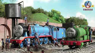 Fastest Gordon the big express engine and Chocolate Percy the tank engine at Maron Sodor water tower