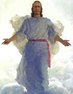 Jesus Christ coming from clouds as Jesus resurrected in peaceful white dress hq(hd) wallpaper