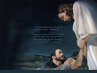 Jesus Christ (The savior) in white colothes helpining a man in sea water and matthew verse background gallery