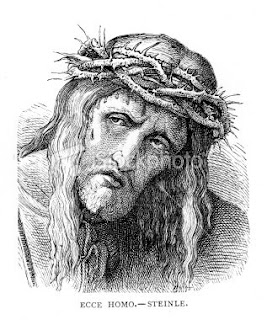 Jesus Christ with crown of thorns at the time of Crucifixion on cross drawing black and white art image