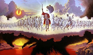 Jesus Christ second coming with his angels on white horses with sword sunrise background pic