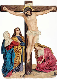 Jesus Christ on cross with nails and women weeping pic
