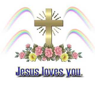Jesus Loves you shining yellow cross plaque with flower bouquets and rainbow waves hd(hq) wallpaper