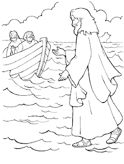 Miracle of Jesus walking on sea water towards his twelve apostles to save the Peter free Bible story coloring page download for free