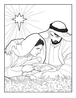 Nativity scene coloring page of Happy Mother Mary smiling by seeing baby Jesus