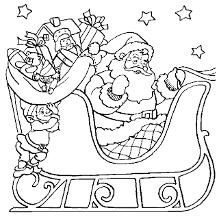 Coloring page of smiling Santa Claus with gifts and teddy bears for Children coming on his reindeer vehicle image of religious Christians free download