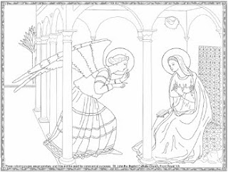 Coloring page of an angel greeting Mary