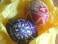 Purple and Pink eggs with painted patterns