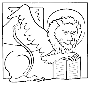 Coloring page of lion with wings and a book