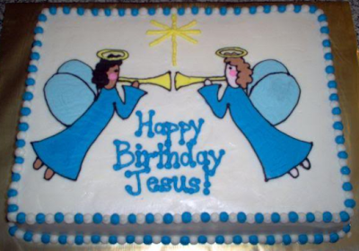 Angel Cake White and blue cake with a star and two angels with trumpets reading, "Happy Birthday Jesus!"