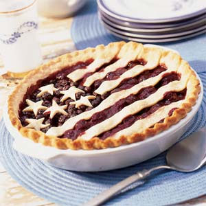 Pie with crust on top in an American flag pattern