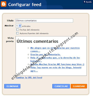 configuración gadget últimos comentarios