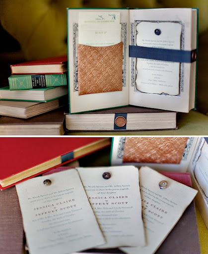 vintage books as wedding invitations Inside the front coppery library card