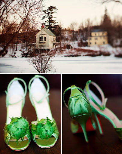 vermont winter wedding Christian Louboutin green wedding shoes