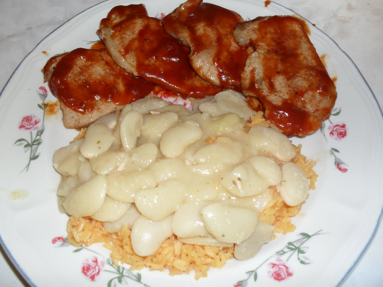 Cyn's Kitchen BBQ Pork Chops and Lima Beans over Saffron Rice