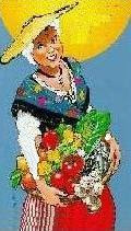 Une jolie paysanne Provençale et son panier de légumes (tomates, ails, poivron...)
