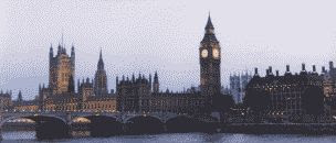 panoramic color photograph of London at dusk